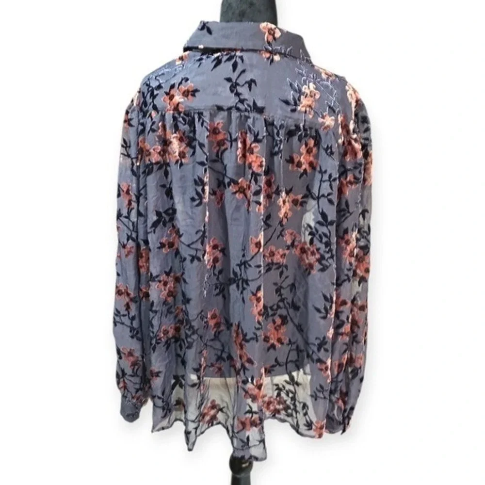 Modcloth Floral Burnout Velvet Sheer Button Up Blouse Grey Navy Pink 4X‎ - Picture 8 of 9